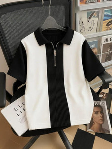 KAJARU Self Design Men Zip Neck Black, Beige T-Shirt