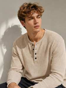 NOOK Men Self Design Henley Neck Cotton Blend Beige T-Shirt - Image 1