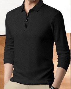 TAZO Solid Men Polo Neck Black T-Shirt