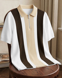 AOOSH Striped Polo Neck White T-Shirt - Image 5