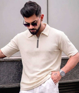 Barioza Self Design Men Polo Neck Beige T-Shirt