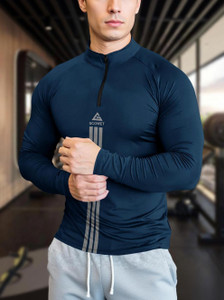 SCOWET Striped Men High Neck Navy Blue T-Shirt