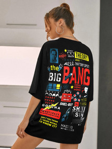 Fabflee Printed Women Round Neck Black T-Shirt