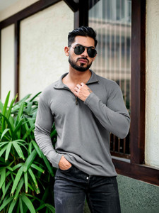 INDICLUB Solid Men Polo Neck Grey T-Shirt