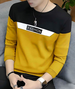 FAOES Colorblock Men Round Neck Yellow T-Shirt