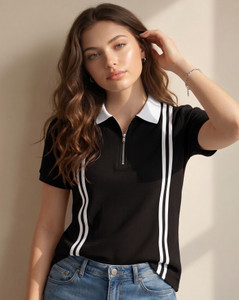 ENITOR Striped Women Zip Neck Black T-Shirt