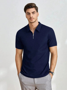 PRAIZY Self Design Men Zip Neck Dark Blue T-Shirt
