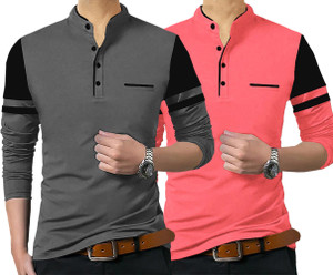 TRIPR Solid Men Mandarin Collar Multicolor T-Shirt