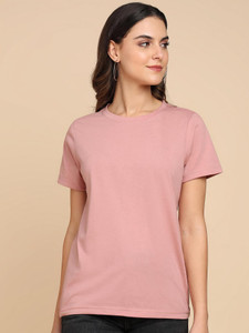 Adyavastram Solid Women Round Neck Pink T-Shirt
