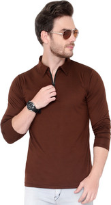 Adorbs Solid Men Polo Neck Brown T-Shirt