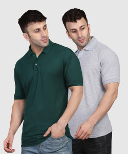 INKKR Solid Men Polo Neck Dark Green, Grey T-Shirt