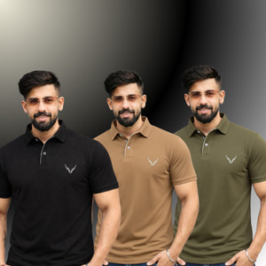 AVRIE Solid Men Polo Neck Black, Brown, Green T-Shirt