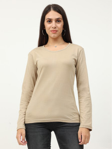Fleximaa Solid Women Round Neck Beige T-Shirt