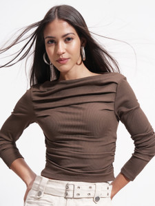 Tokyo Talkies Printed Women Boat Neck Brown T-Shirt