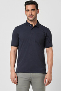 PETER ENGLAND Solid Men Polo Neck Dark Blue T-Shirt