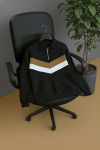 Try This Striped Men Zip Neck Brown, Black, White T-Shirt