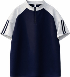 JERKYN Colorblock, Striped Men Mandarin Collar Dark Blue T-Shirt