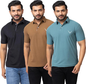 BUFFARO Self Design Men Polo Neck Black, Brown, Green T-Shirt