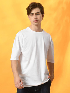 Fitinc Solid Men Round Neck White T-Shirt
