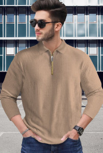 HOODLER Solid Men Polo Neck Beige T-Shirt