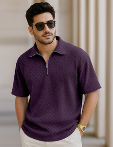 Force Solid Men Zip Neck Purple T-Shirt