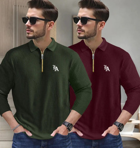 FastColors Self Design Men Zip Neck Green, Maroon T-Shirt