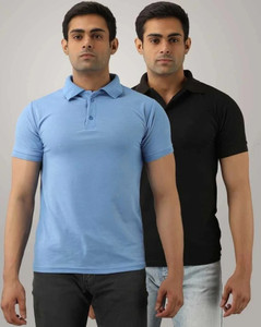 INKKR Solid Men Polo Neck Blue, Black T-Shirt
