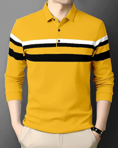 FAOES Striped Men Polo Neck Yellow T-Shirt