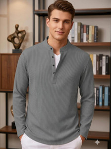 Rufica Solid Men Mandarin Collar Grey T-Shirt