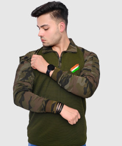 PARA TROOPER Military Camouflage Men Zip Neck Multicolor T-Shirt