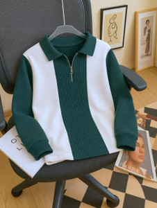 Try This Striped Men Zip Neck Dark Green T-Shirt