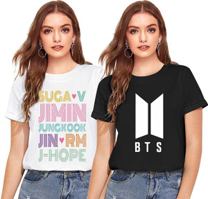 Think Tech Printed Women Round Neck White, Black T-Shirt