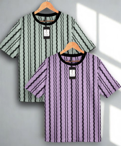 Lyphy Striped Men Round Neck Purple, Light Green T-Shirt