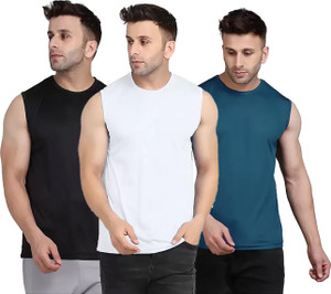 Think Tech Solid Men Round Neck Black, White, Blue T-Shirt