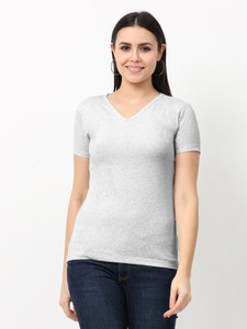 Wafaa Solid Women V Neck White T-Shirt