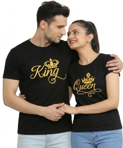 RS Print Typography Couple Round Neck Black T-Shirt