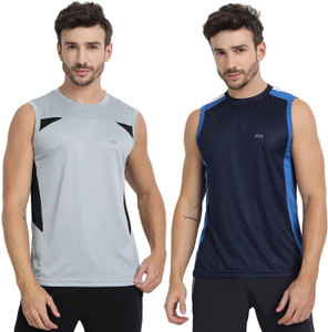 FTX Solid Men Round Neck Dark Blue, Grey T-Shirt