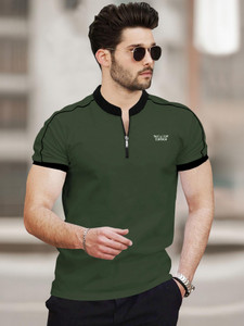 TRIPR Typography Men Zip Neck Dark Green T-Shirt