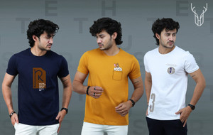 T-हस्टलर पुरुषों के लिए गोल गला ग्राफिक प्रिंट नेवी ब्लू, पीला, सफेद टी-शर्ट