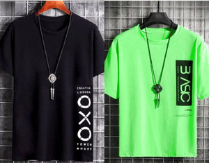 एक्सिट्यूड पुरुषों के लिए गोल गला प्रिंटेड काला, हल्का हरा टी-शर्ट