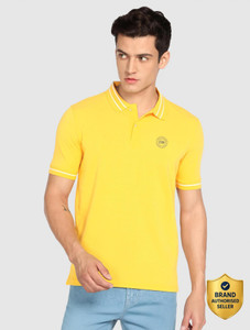 PETER ENGLAND Solid Men Polo Neck Yellow T-Shirt
