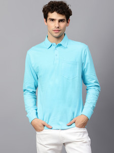 Fleximaa Solid Men Polo Neck Light Blue T-Shirt