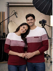 seventimes Striped Couple Round Neck Maroon T-Shirt