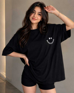 CALOYA Printed Women Round Neck Black T-Shirt