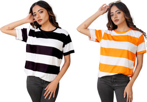 SHRIEZ Striped Women Round Neck Multicolor T-Shirt
