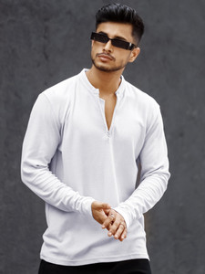 MANIAC Solid Men Henley Neck White T-Shirt