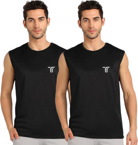 Think Tech Solid Men Round Neck Black T-Shirt