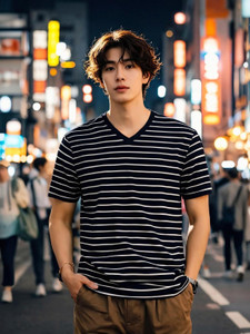 Smart Colors Striped Men V Neck Black T-Shirt