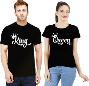 Uniplanet Store Graphic Print Couple Round Neck Black T-Shirt