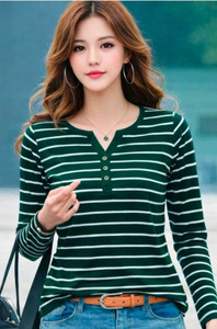 Nilan Tees Wear Striped Women Henley Neck Green T-Shirt